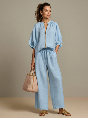 Natalia | Conjunto de Top Blusón con Cremallera y Pantalones de Pierna Ancha