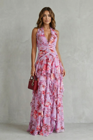 Belladina – Cascada de rosas románticas – Vestido maxi con cuello halter
