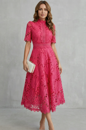 Charlisse – Refinamiento de encaje ornamentado – Vestido midi de cuello alto