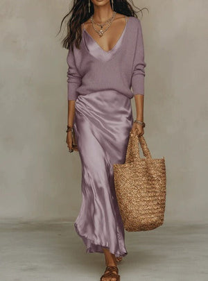 Núria | Vestido Midi Satinado con Suéter Incluido