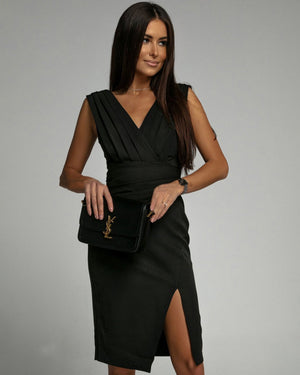 Isa | Vestido Midi Ajustado con Escote en V y Abertura Frontal