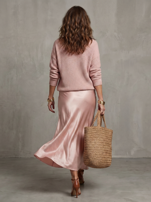 Luciana | Conjunto de falda de satén en sesgo para otoño y capa de punto