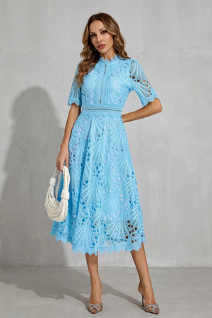 Charlisse – Refinamiento de encaje ornamentado – Vestido midi de cuello alto