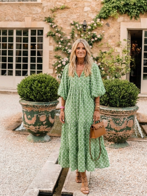 Apolline | Vestido midi de cuello en V con mangas tres cuartos y estampado