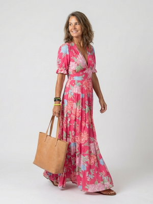 Amparo | Vestido midi con estampado floral de manga corta y escote en V