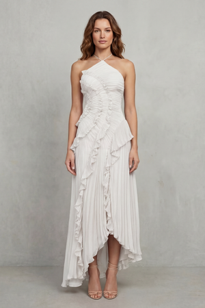 Lavirea – Pliegues esculpidos – Vestido midi de un solo hombro