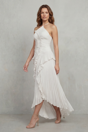 Lavirea – Pliegues esculpidos – Vestido midi de un solo hombro