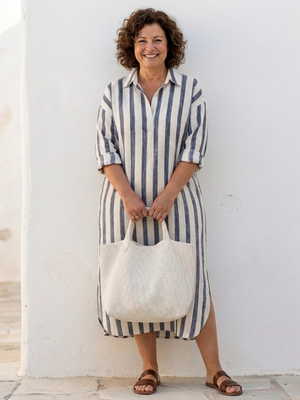 Naomi | Vestido Camisero Midi de Manga Larga a Rayas
