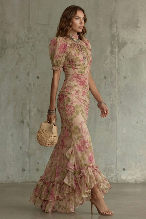 Roselique – Silueta floral romántica – Vestido maxi