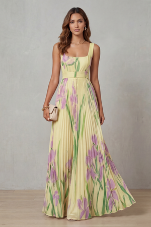 Vivienna – Vestido maxi plisado de flores en acuarela