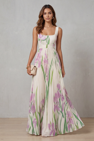 Vivienna – Vestido maxi plisado de flores en acuarela