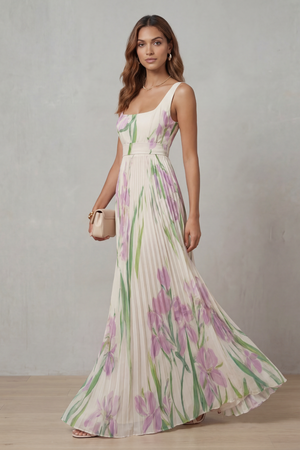 Vivienna – Vestido maxi plisado de flores en acuarela