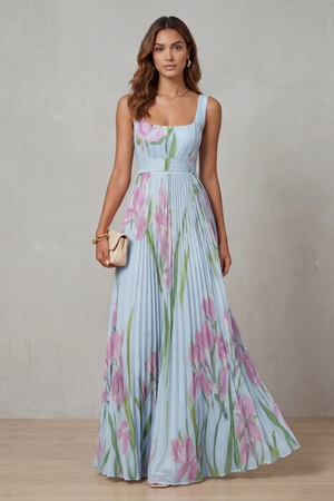 Vivienna – Vestido maxi plisado de flores en acuarela