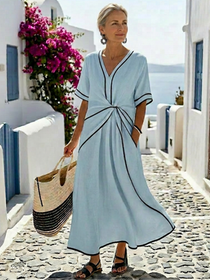 Itziar | Vestido midi con escote en V y manga corta, cintura fruncida