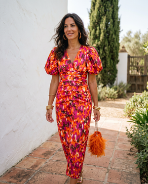 María | Vestido Midi Estampado con Mangas Abullonadas