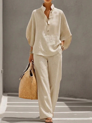 Garazi | Conjunto de lino con mangas murciélago y pantalón ancho