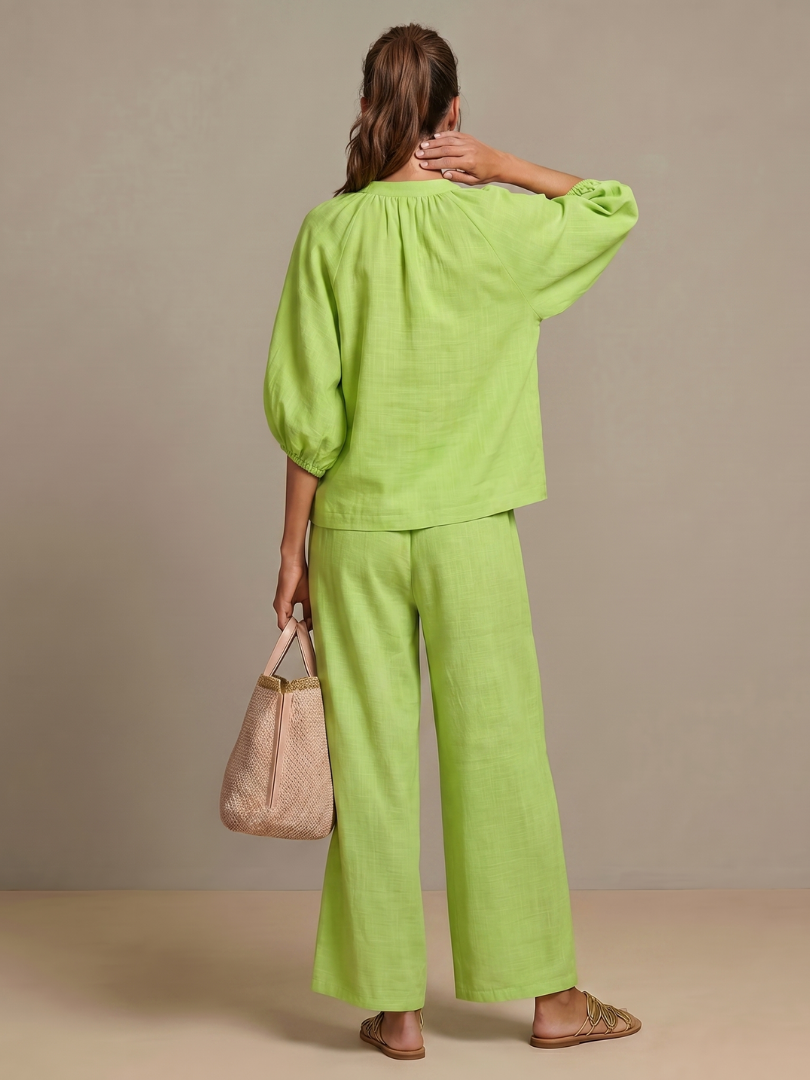Natalia | Conjunto de Top Blusón con Cremallera y Pantalones de Pierna Ancha