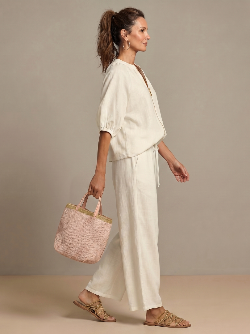 Natalia | Conjunto de Top Blusón con Cremallera y Pantalones de Pierna Ancha