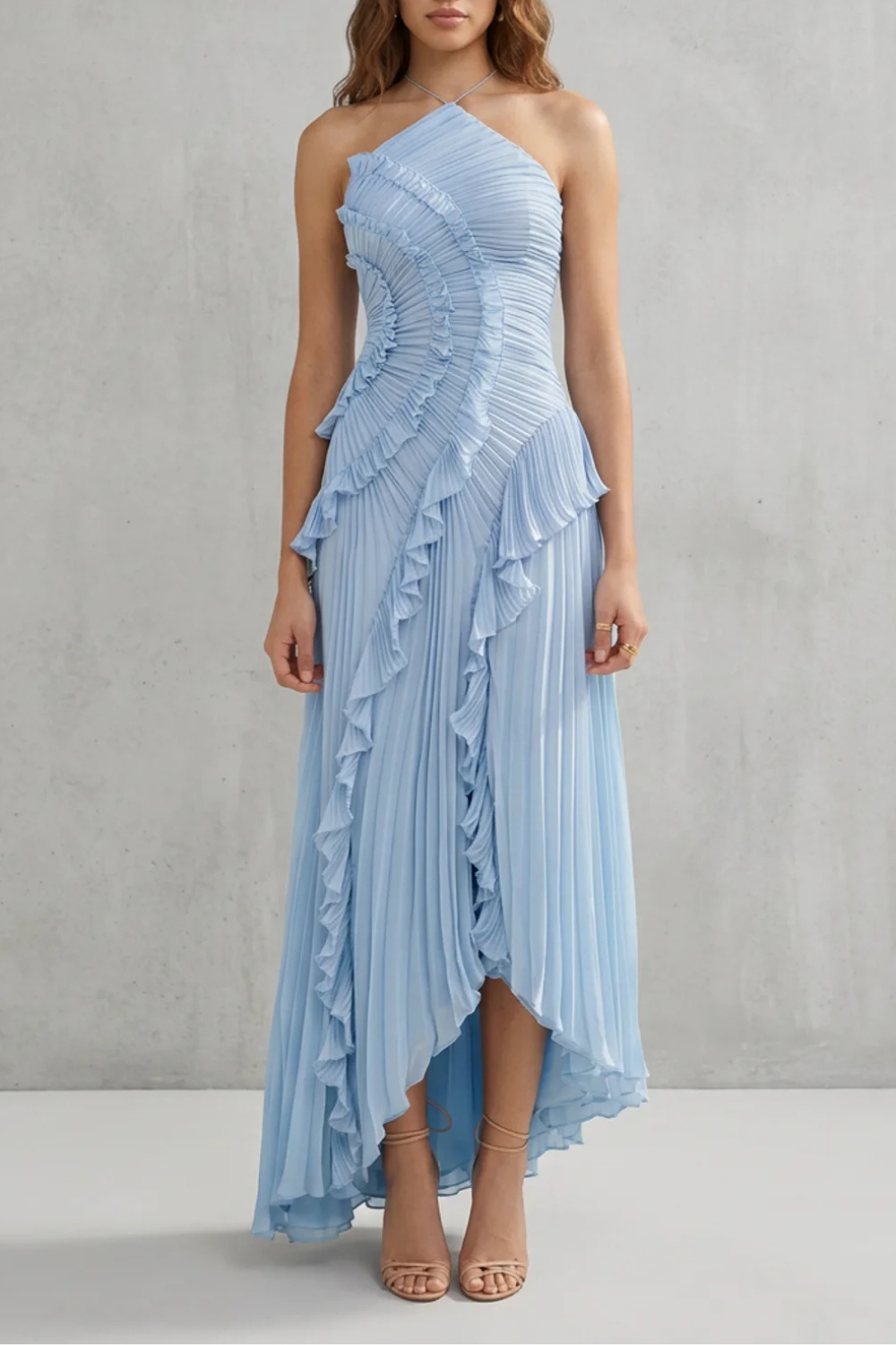 Lavirea – Pliegues esculpidos – Vestido midi de un solo hombro