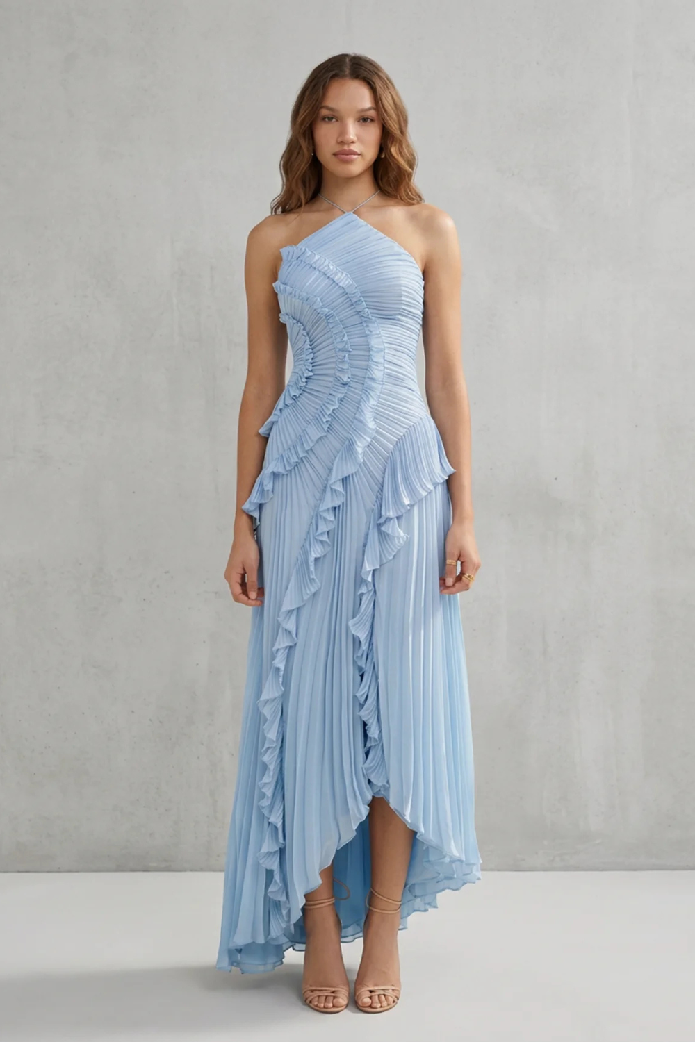 Lavirea – Pliegues esculpidos – Vestido midi de un solo hombro