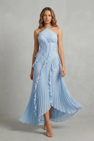 Lavirea – Pliegues esculpidos – Vestido midi de un solo hombro