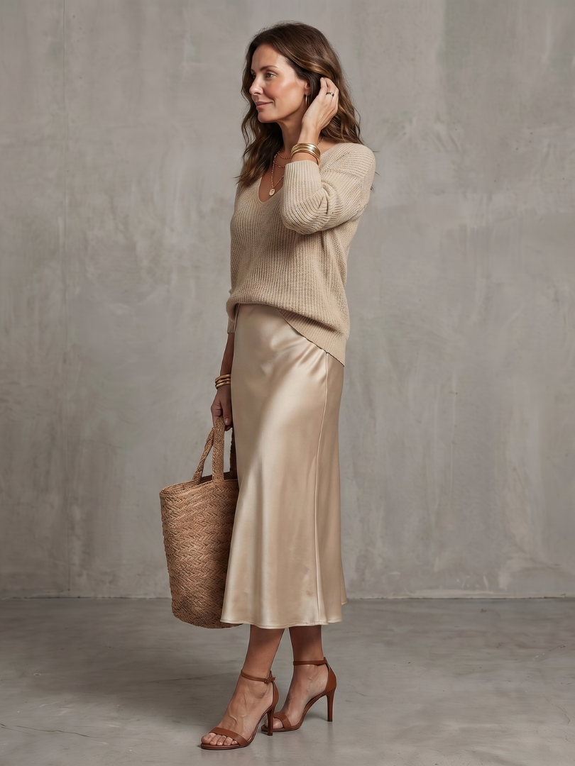 Luciana | Conjunto de falda de satén en sesgo para otoño y capa de punto
