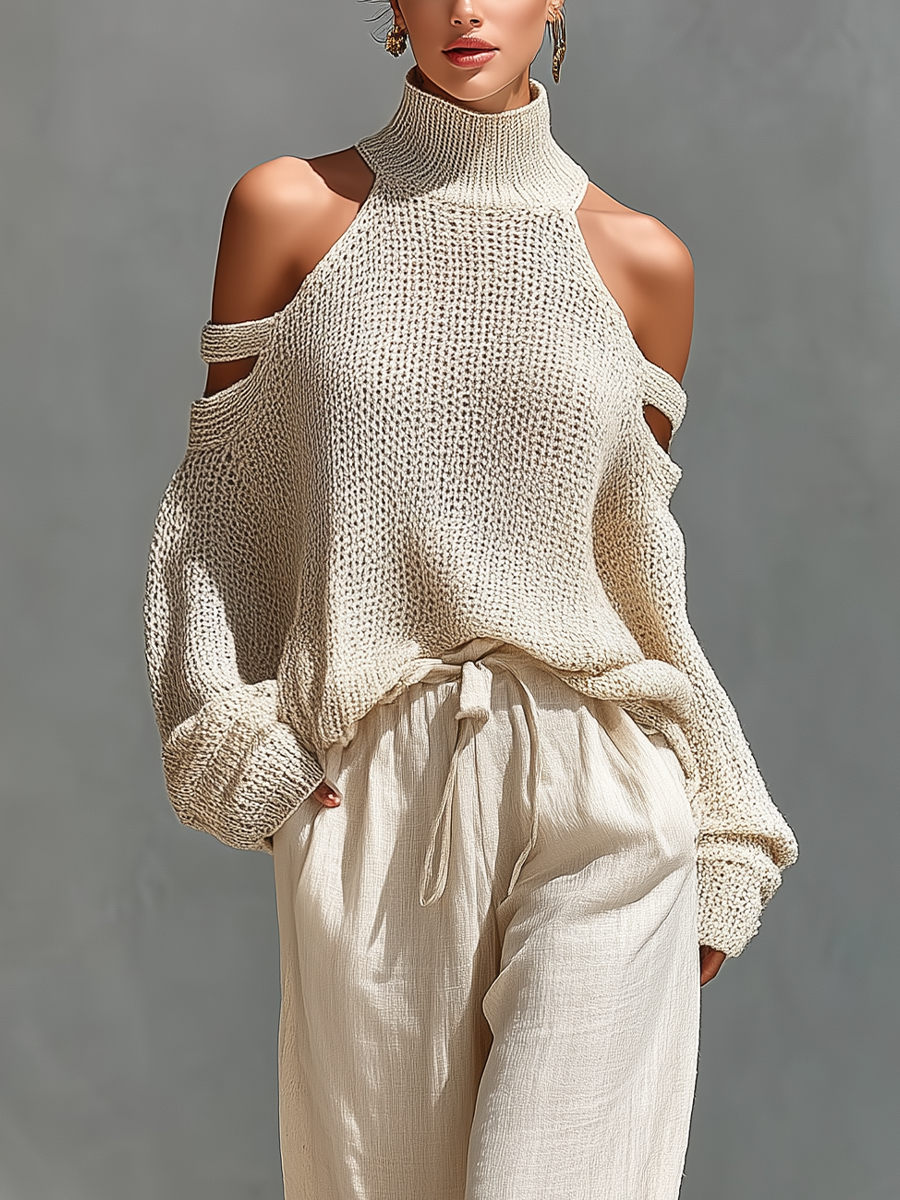 Conjunto de top de cuello tortuga en punto beige con hombros al descubierto y pantalones de pierna ancha