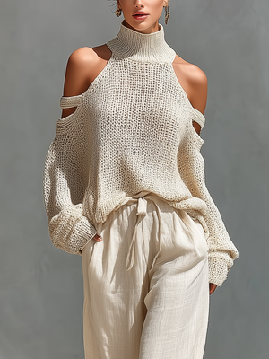 Conjunto de top de cuello tortuga en punto beige con hombros al descubierto y pantalones de pierna ancha