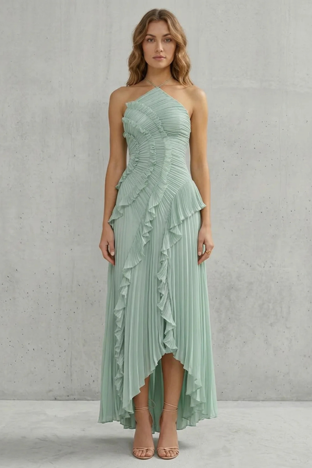 Lavirea – Pliegues esculpidos – Vestido midi de un solo hombro