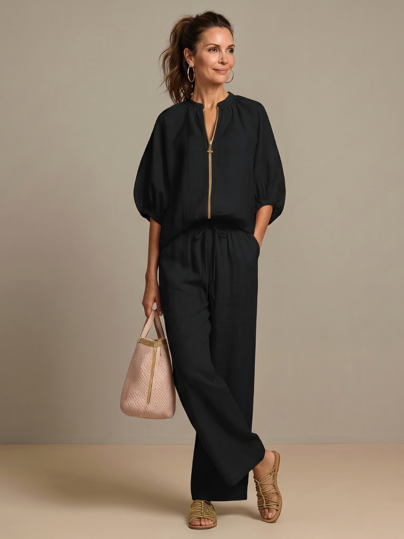 Natalia | Conjunto de Top Blusón con Cremallera y Pantalones de Pierna Ancha