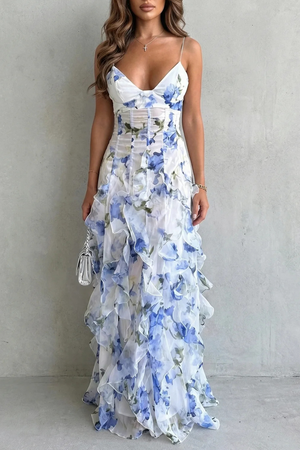 Sestina – Cascada floral transparente – Vestido maxi de noche con volantes