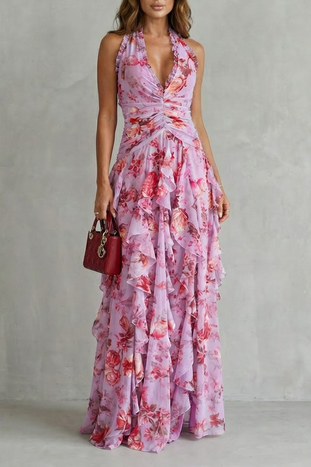 Belladina – Cascada de rosas románticas – Vestido maxi con cuello halter