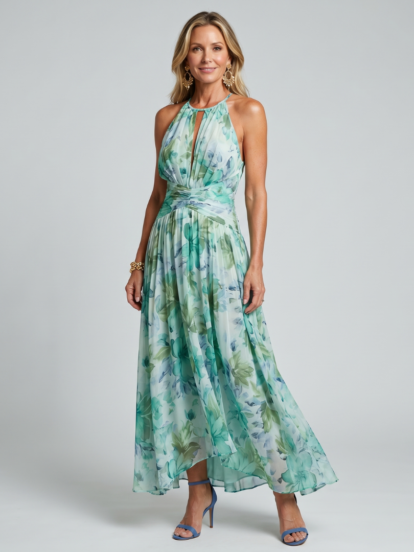 Portia | Vestido Midi de Flores con Pliegues y Cuello Halter