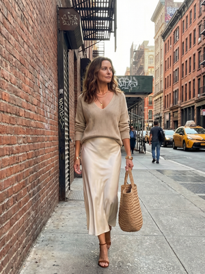 Luciana | Conjunto de falda de satén en sesgo para otoño y capa de punto