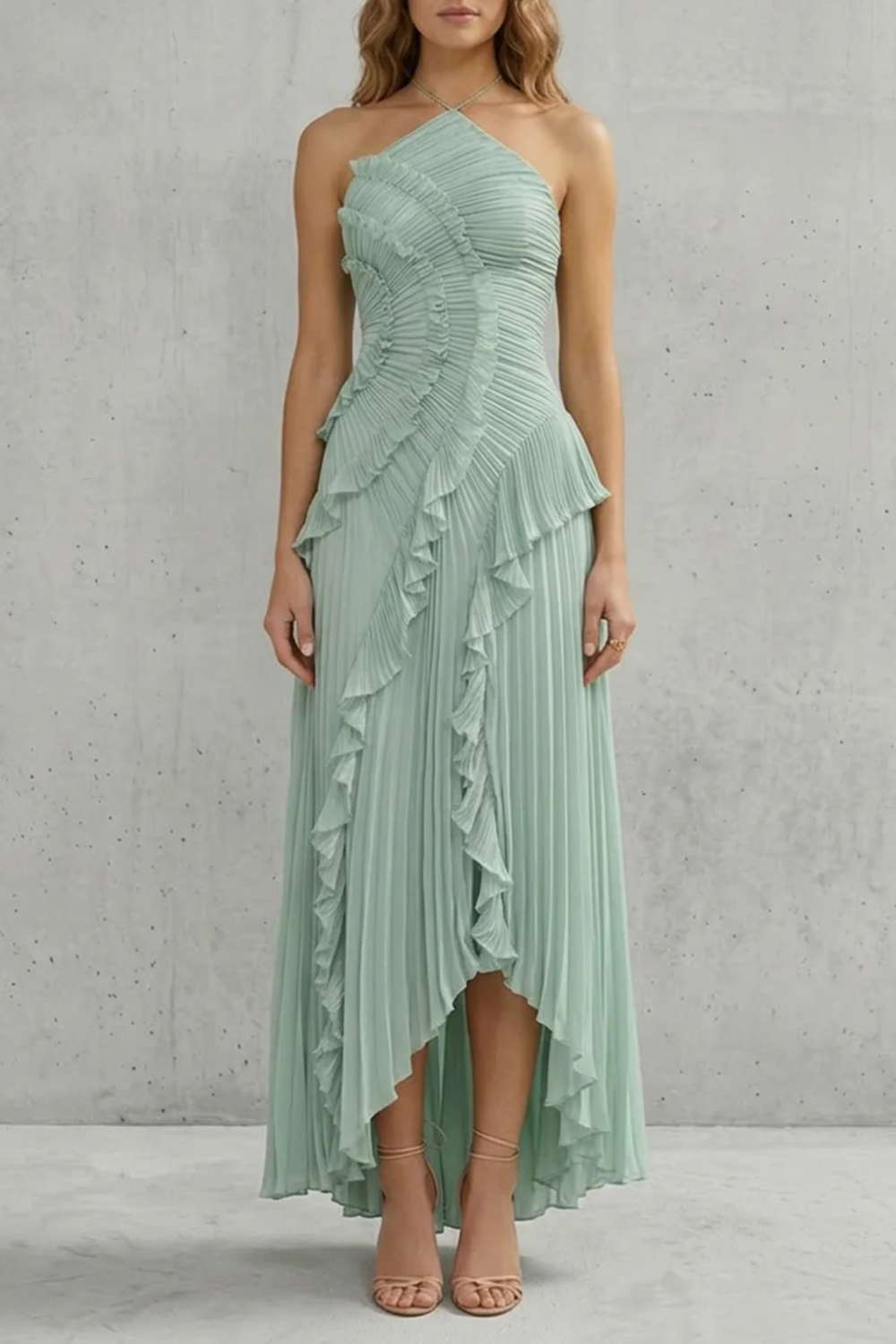 Lavirea – Pliegues esculpidos – Vestido midi de un solo hombro