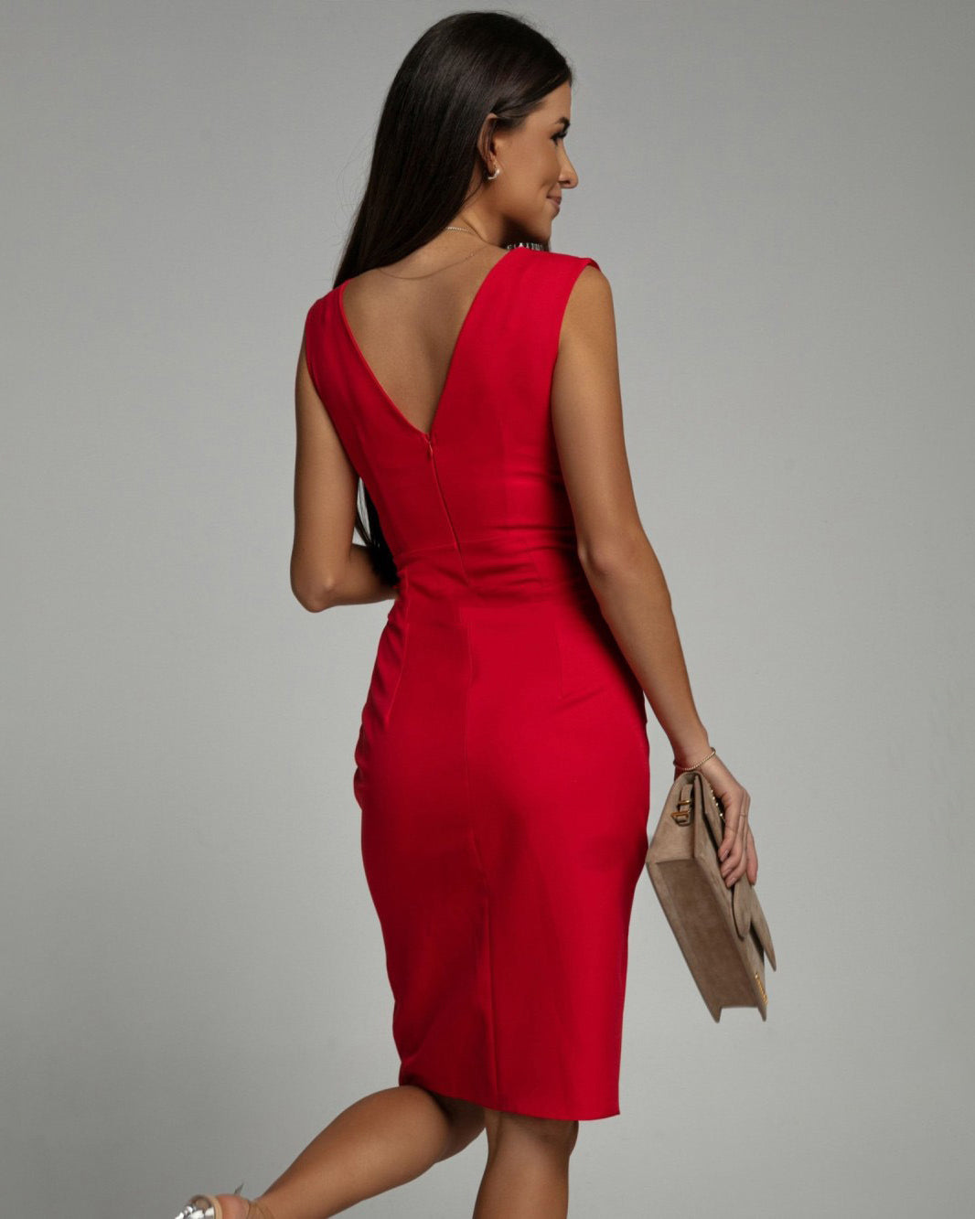 Isa | Vestido Midi Ajustado con Escote en V y Abertura Frontal