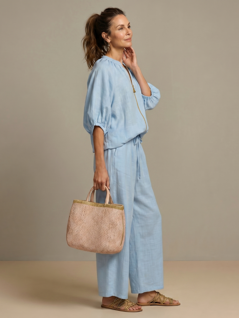 Natalia | Conjunto de Top Blusón con Cremallera y Pantalones de Pierna Ancha
