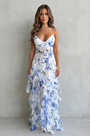 Sestina – Cascada floral transparente – Vestido maxi de noche con volantes
