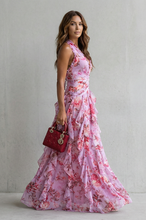 Belladina – Cascada de rosas románticas – Vestido maxi con cuello halter