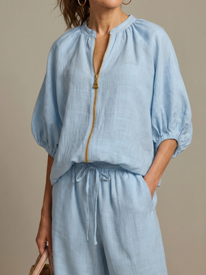 Natalia | Conjunto de Top Blusón con Cremallera y Pantalones de Pierna Ancha