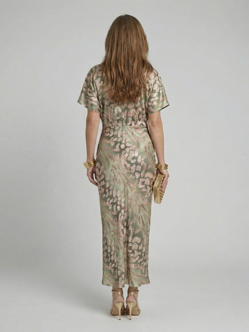 Ximena | Vestido midi con estampado abstracto, escote en V y cintura con nudo