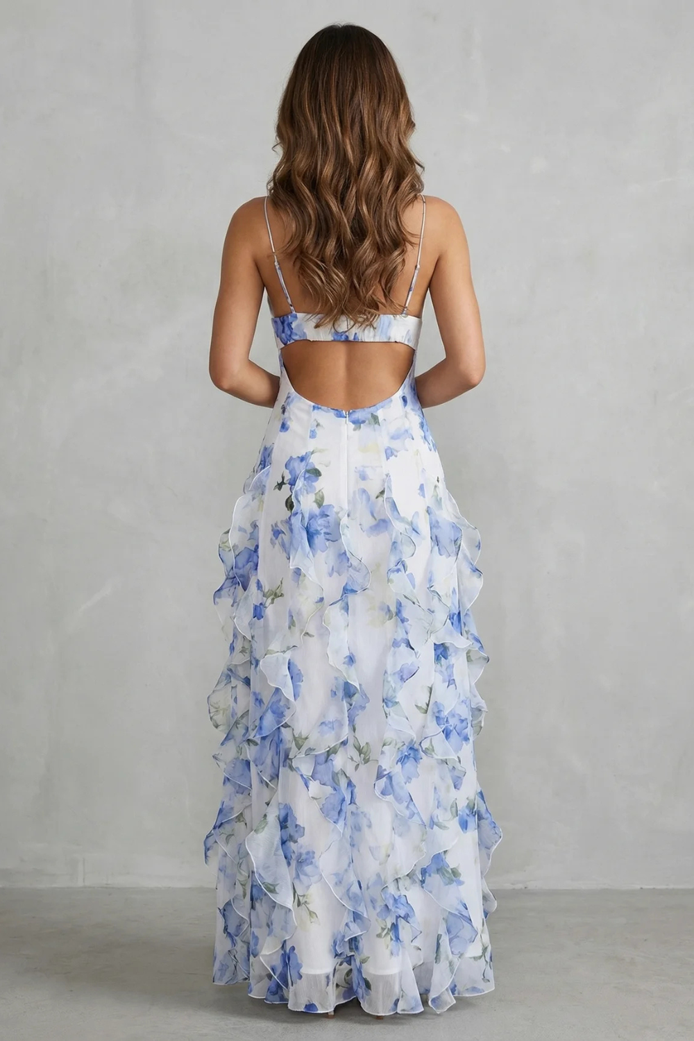 Sestina – Cascada floral transparente – Vestido maxi de noche con volantes
