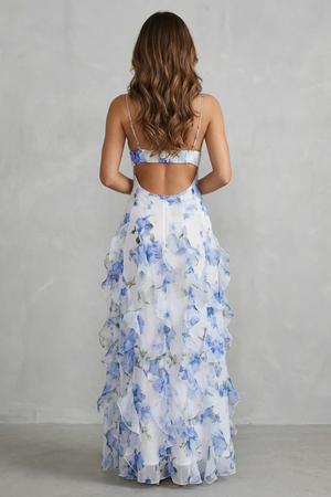 Sestina – Cascada floral transparente – Vestido maxi de noche con volantes