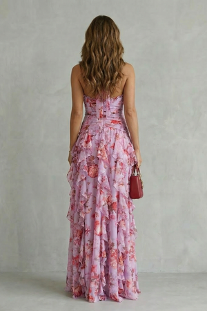 Belladina – Cascada de rosas románticas – Vestido maxi con cuello halter