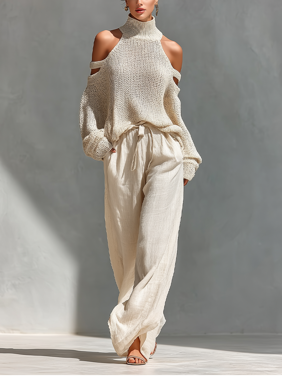 Conjunto de top de cuello tortuga en punto beige con hombros al descubierto y pantalones de pierna ancha