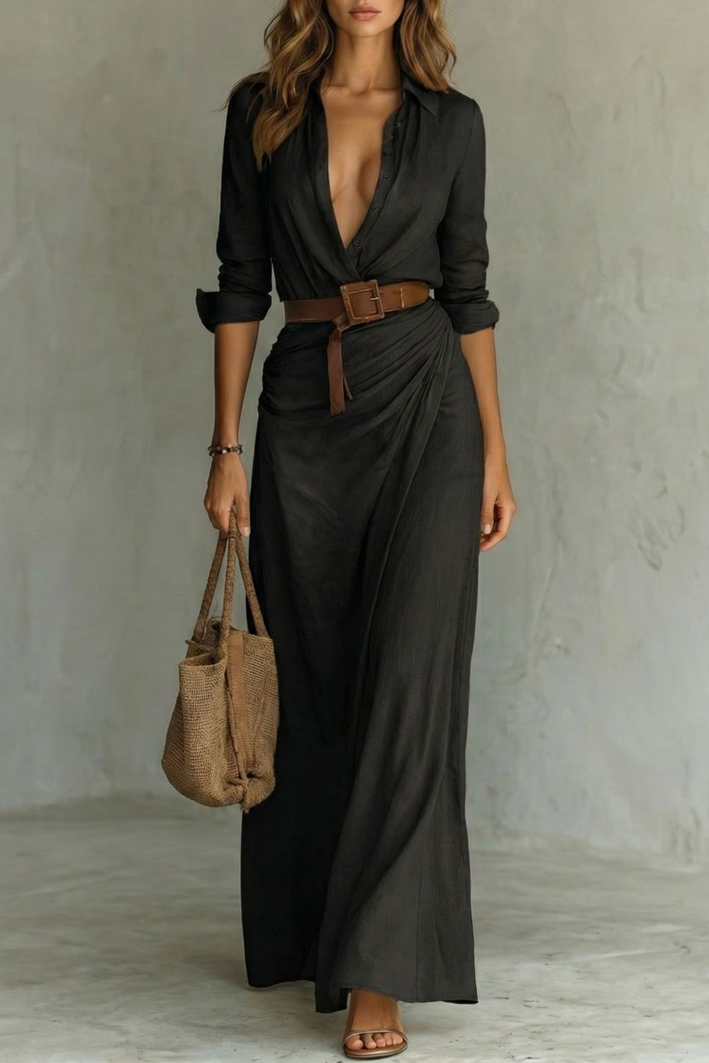 Azura – Vestido envolvente con botones – Vestido maxi con cinturón