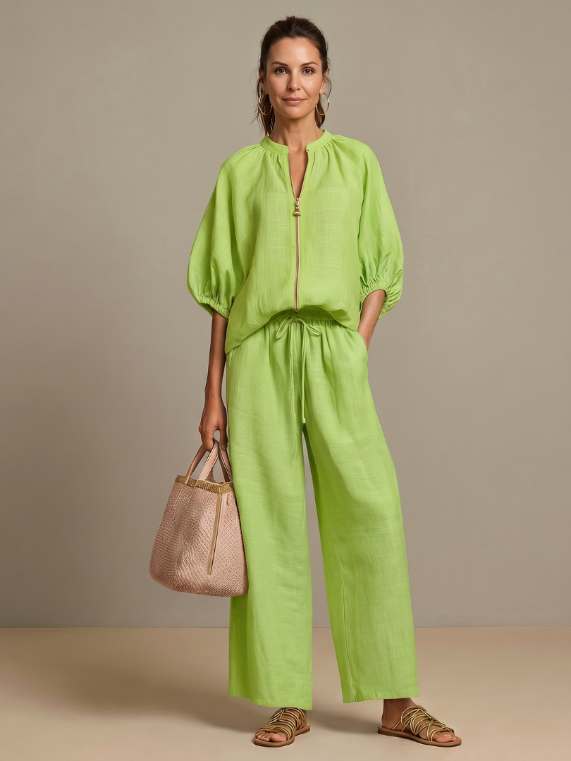 Natalia | Conjunto de Top Blusón con Cremallera y Pantalones de Pierna Ancha