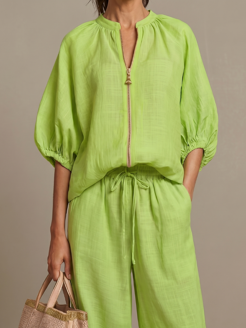 Natalia | Conjunto de Top Blusón con Cremallera y Pantalones de Pierna Ancha