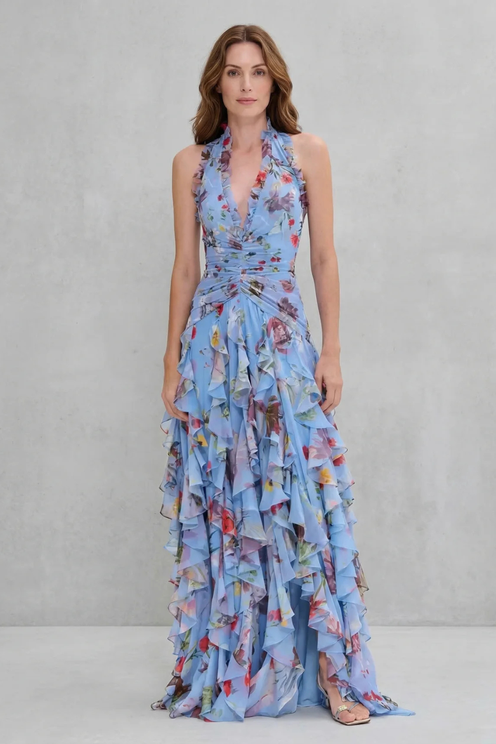 Belladina – Cascada de rosas románticas – Vestido maxi con cuello halter