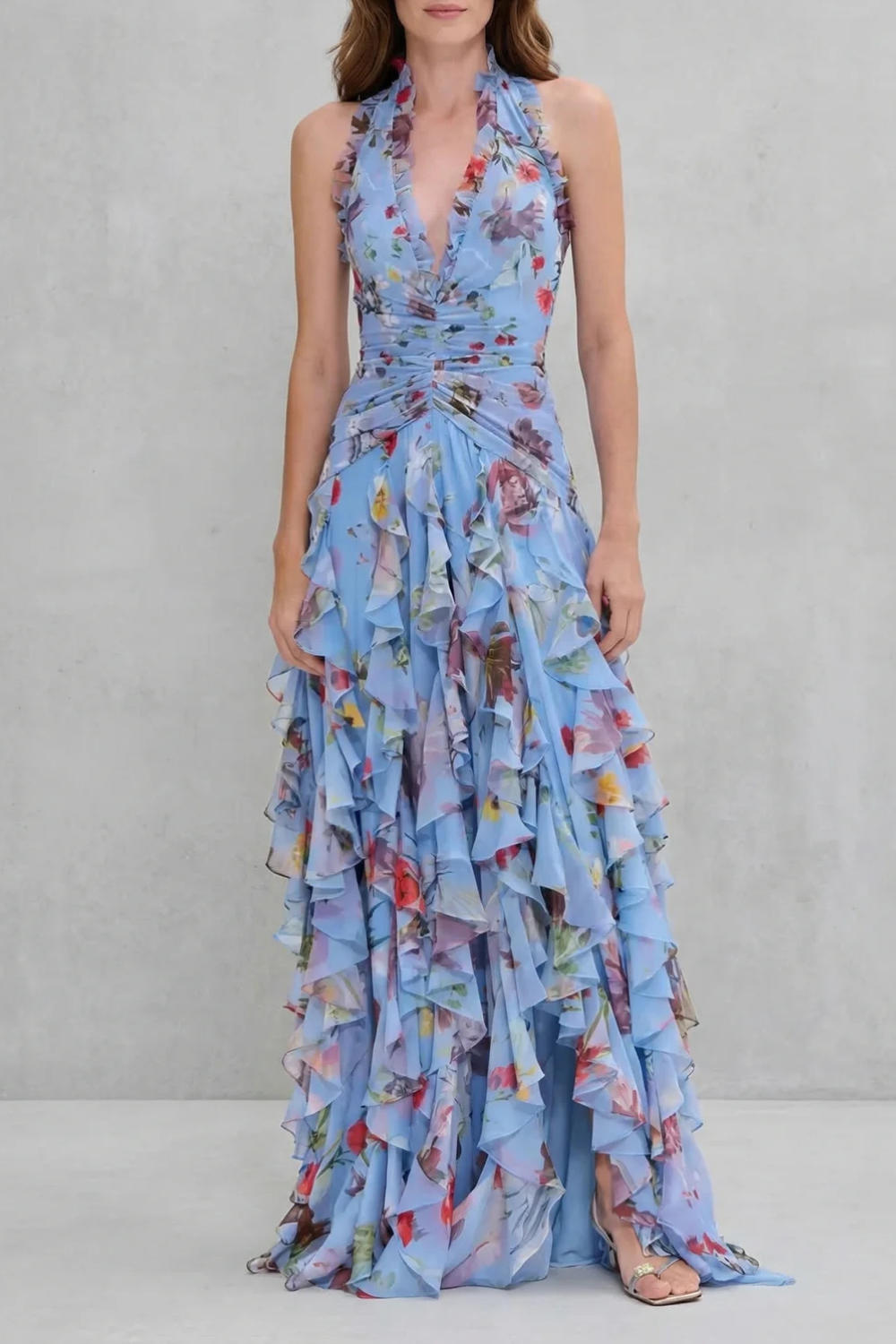 Belladina – Cascada de rosas románticas – Vestido maxi con cuello halter